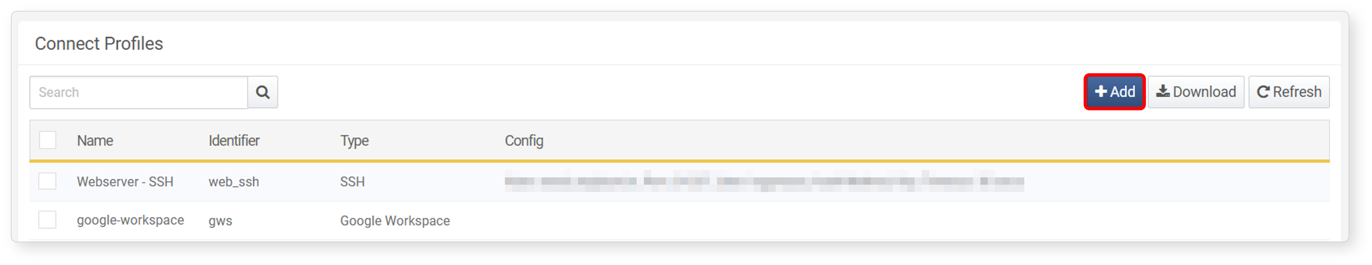 Location of the Add Button for Connect Profiles