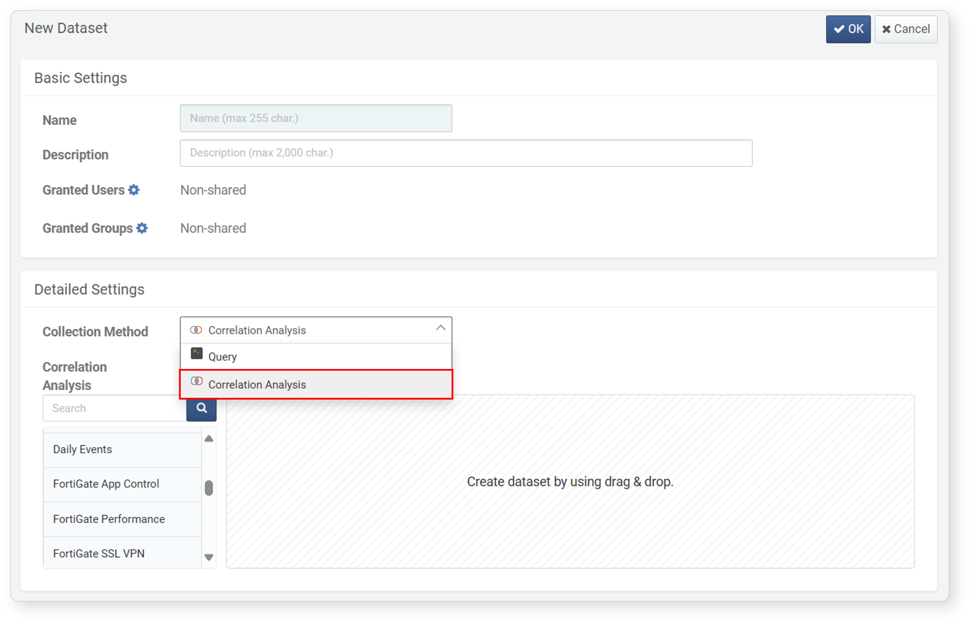 Specifying Correlation Analysis Dataset