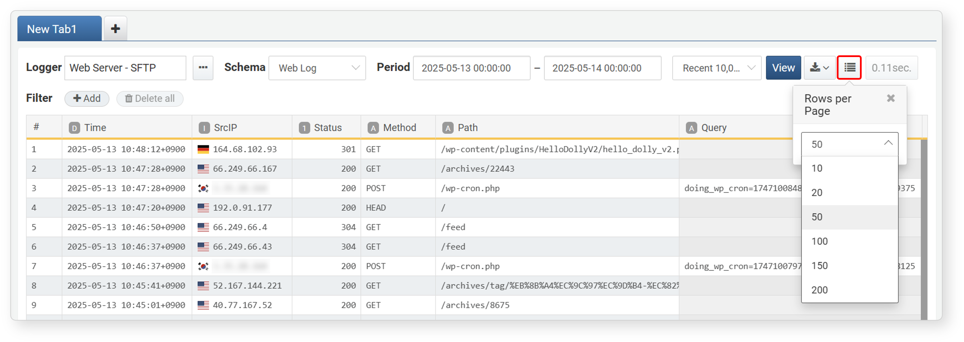 Log Search Result Display Count Settings