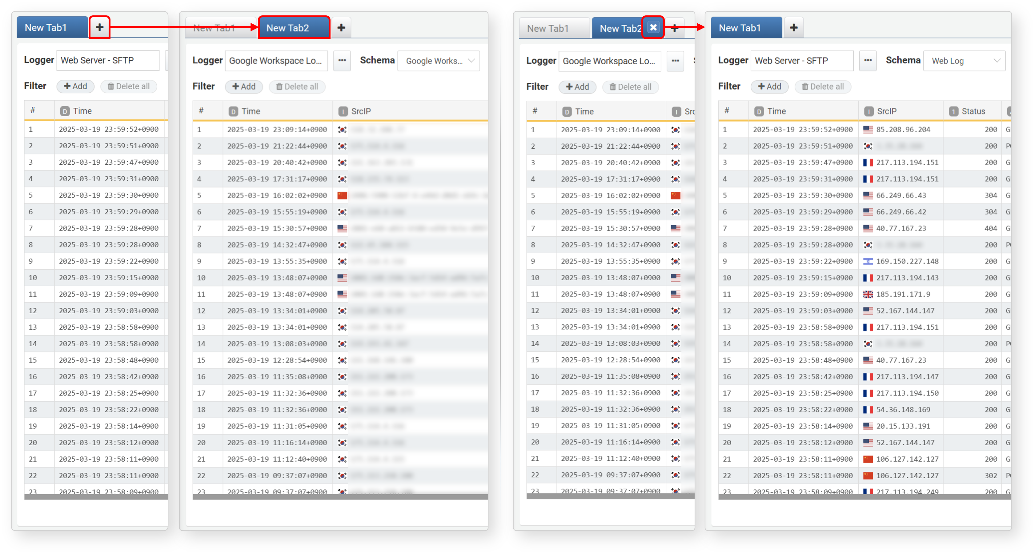 Log Search - Add/Delete Tab Screen