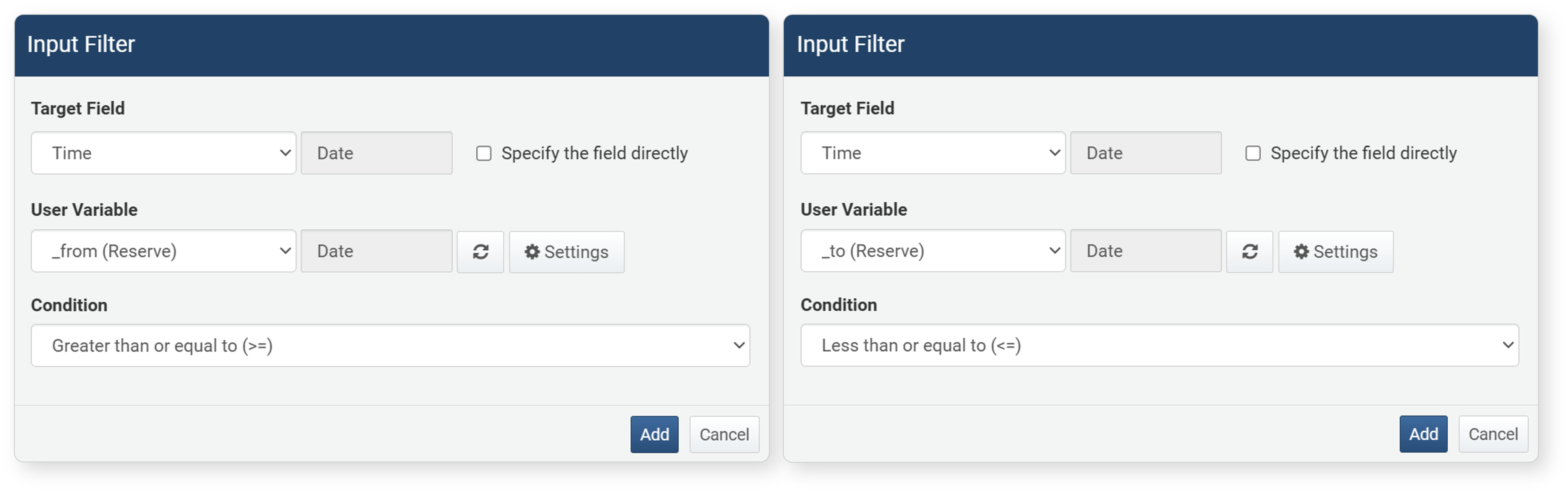 Example of entering properties for dynamic filter