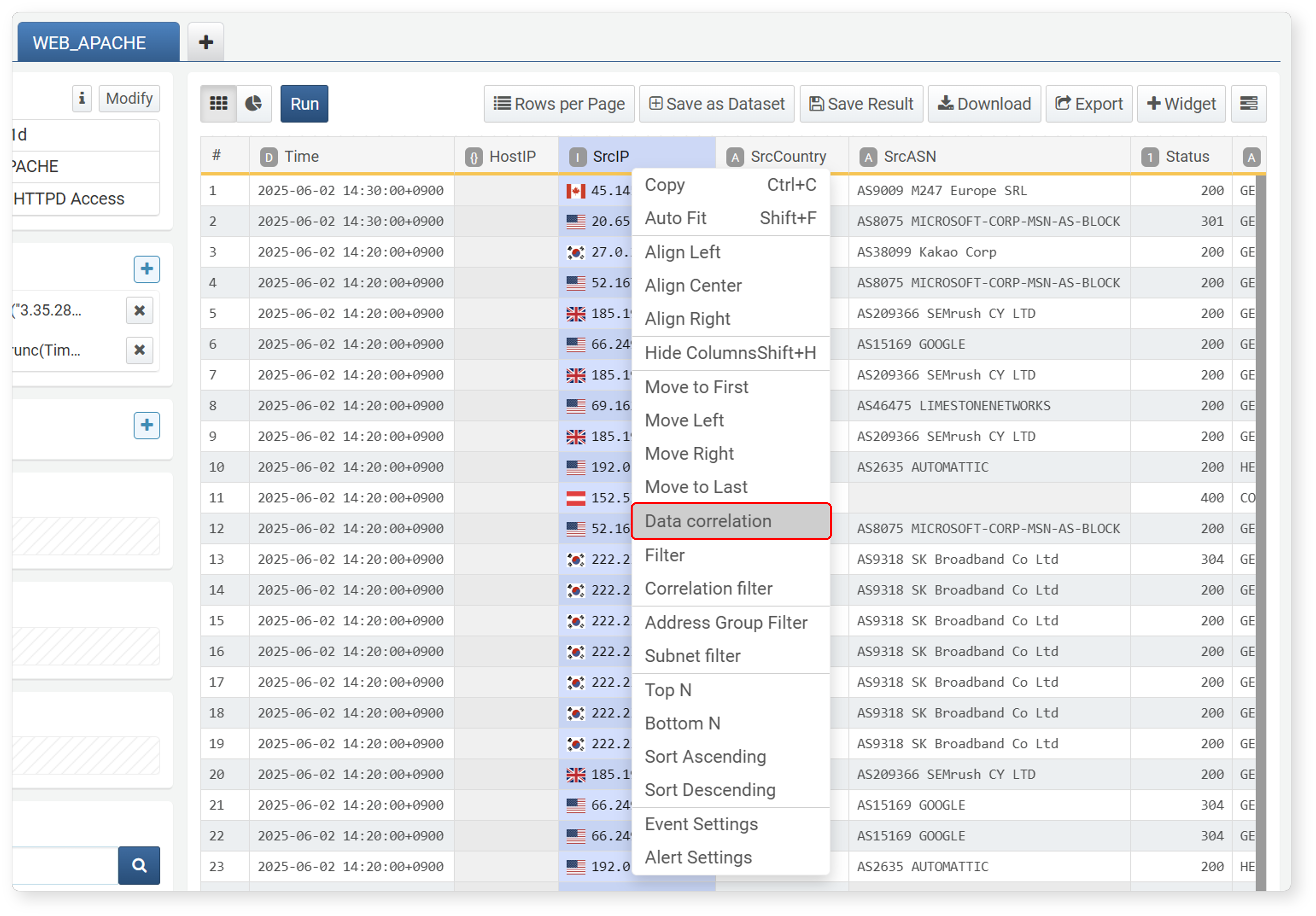 Select the field to be used as the basis for correlation analysis and click Correlation Analysis in the popup menu