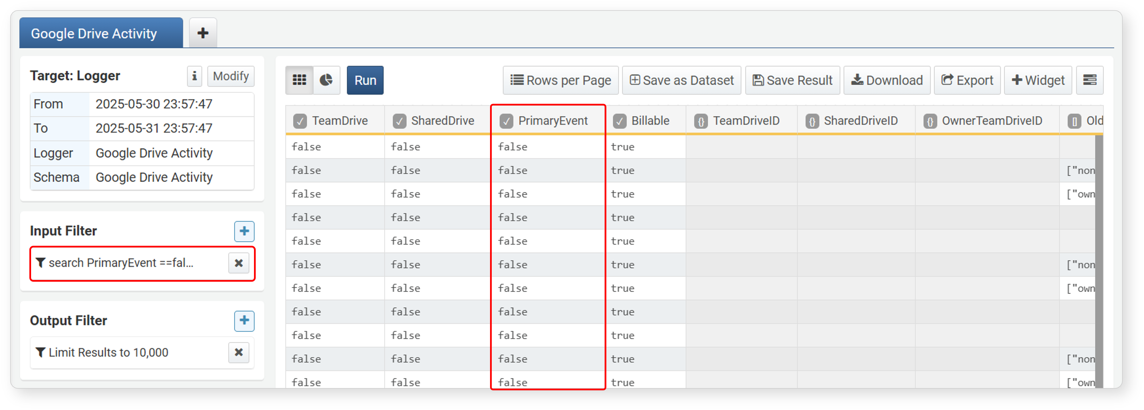 Result after applying filter to boolean field