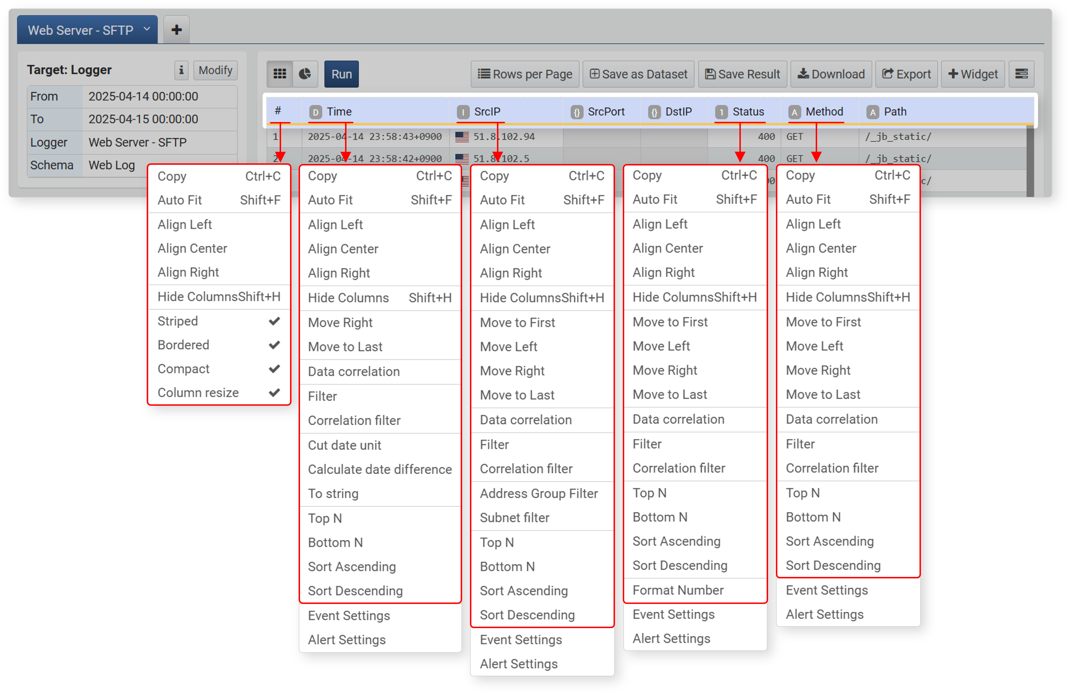 Filter menu by data type of column