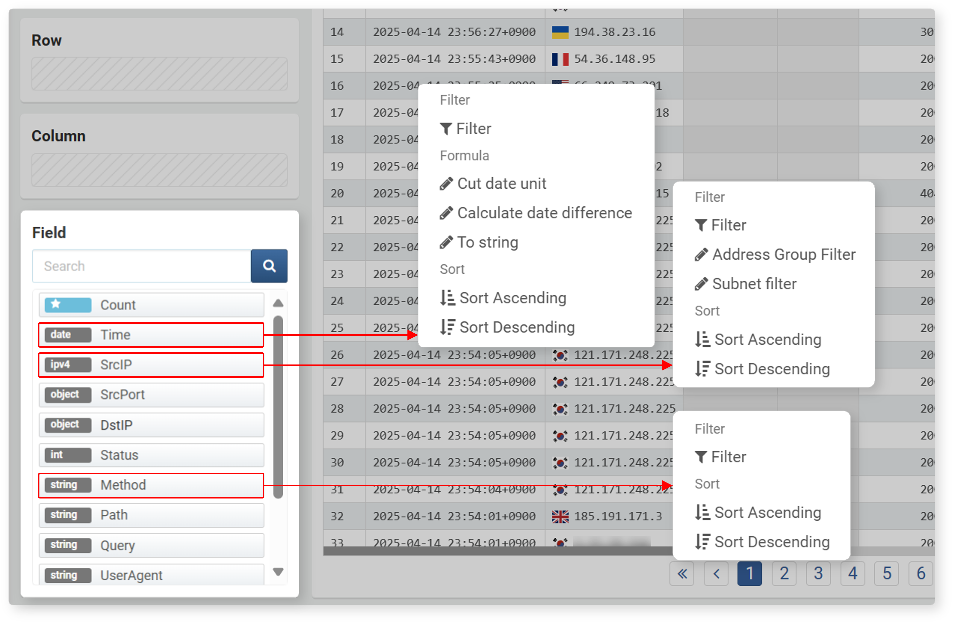 Filter/Expression/Sort menu available from field list