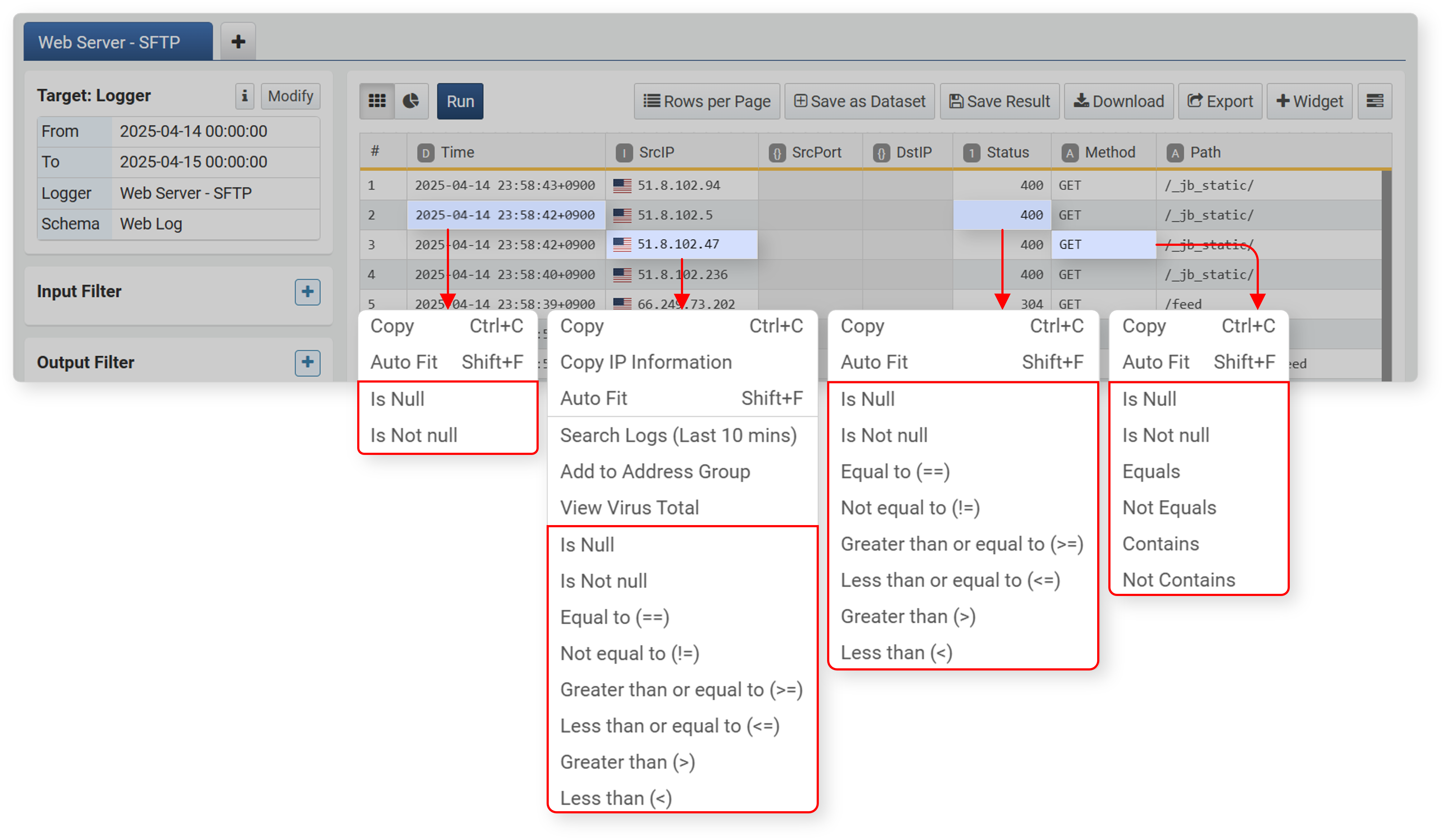 Comparison condition filters available from cell popup menu