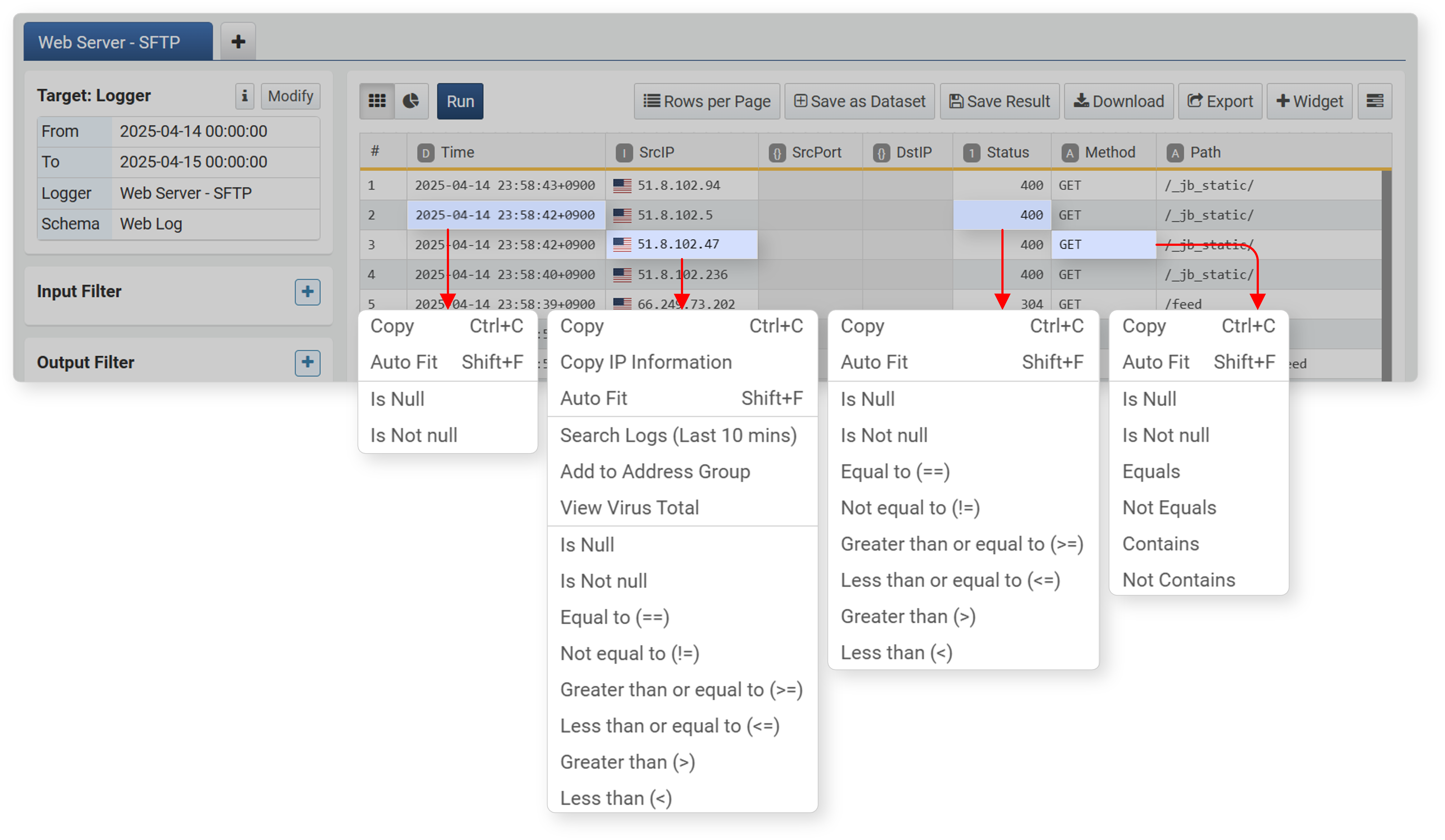 Filter menu by data type of cell