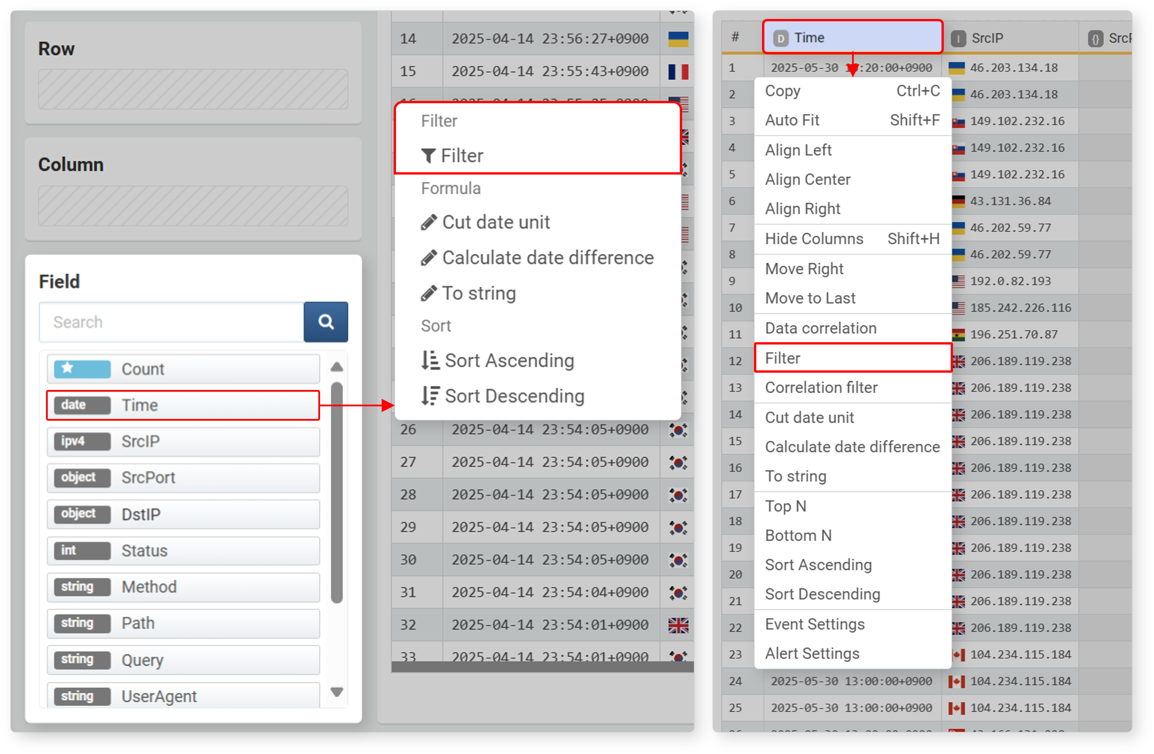 Select filter condition from popup menu