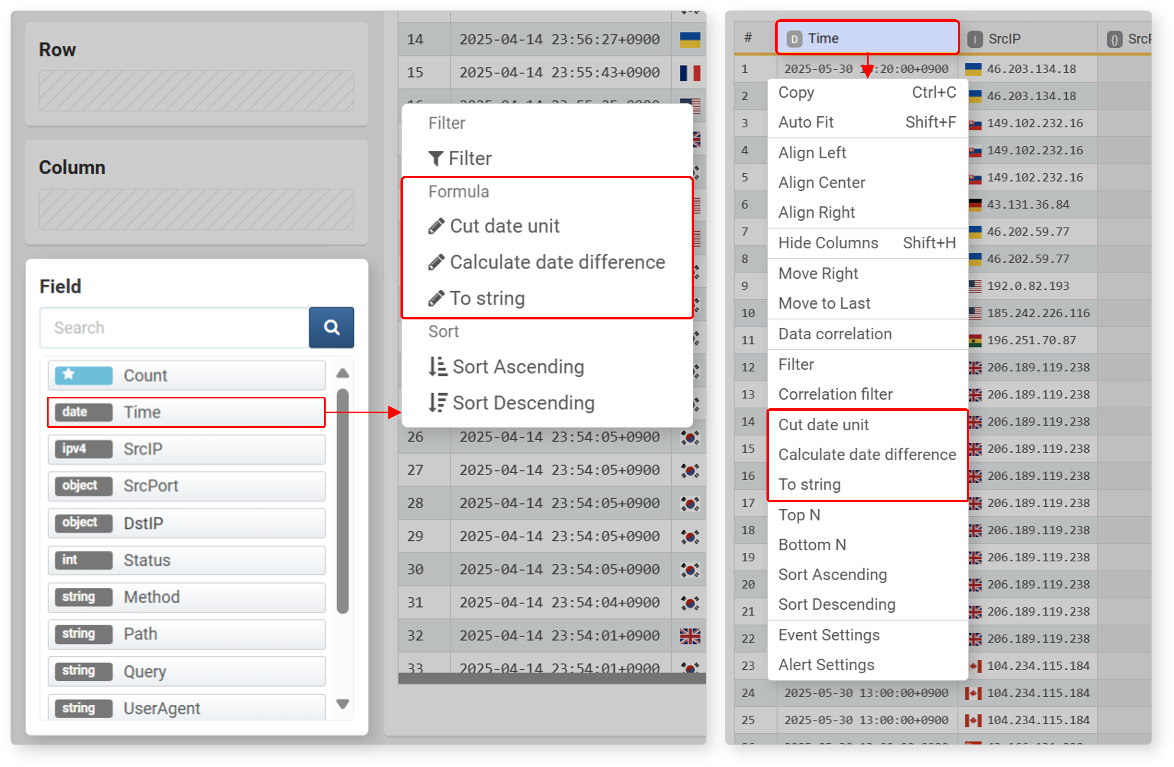Popup menu for time expressions