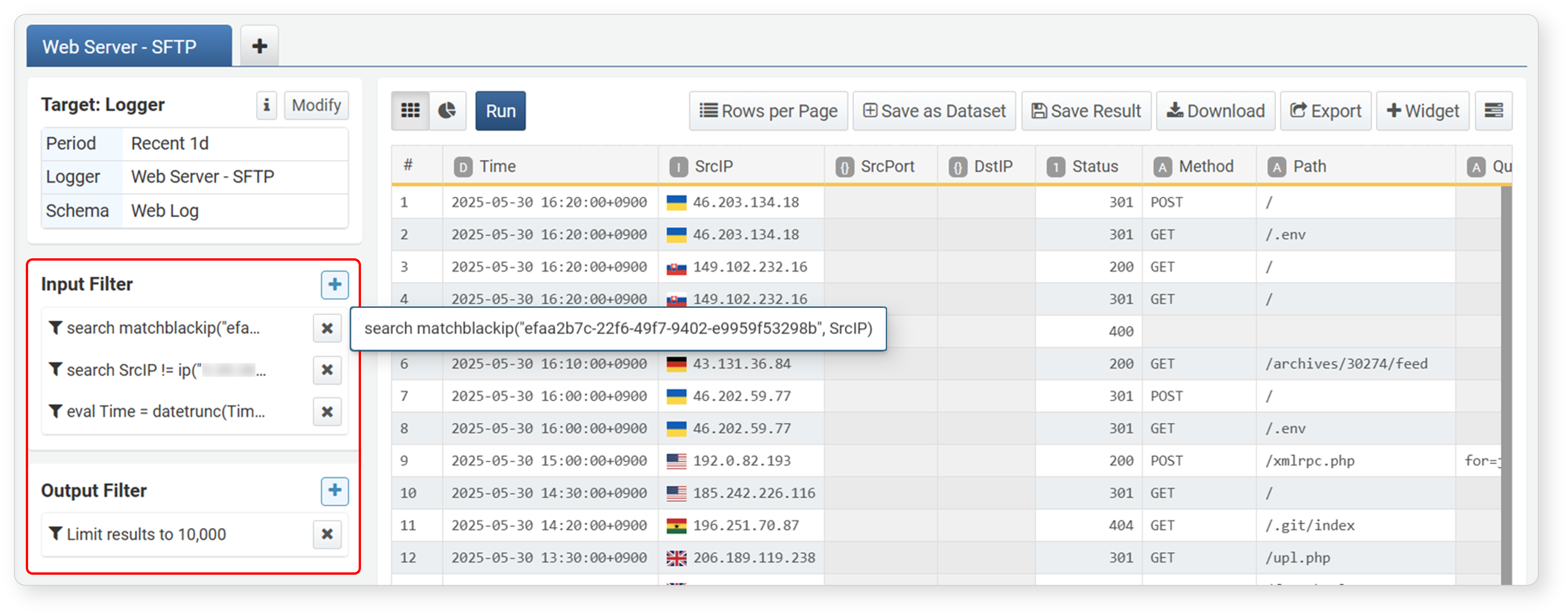Example of filters applied to web log data