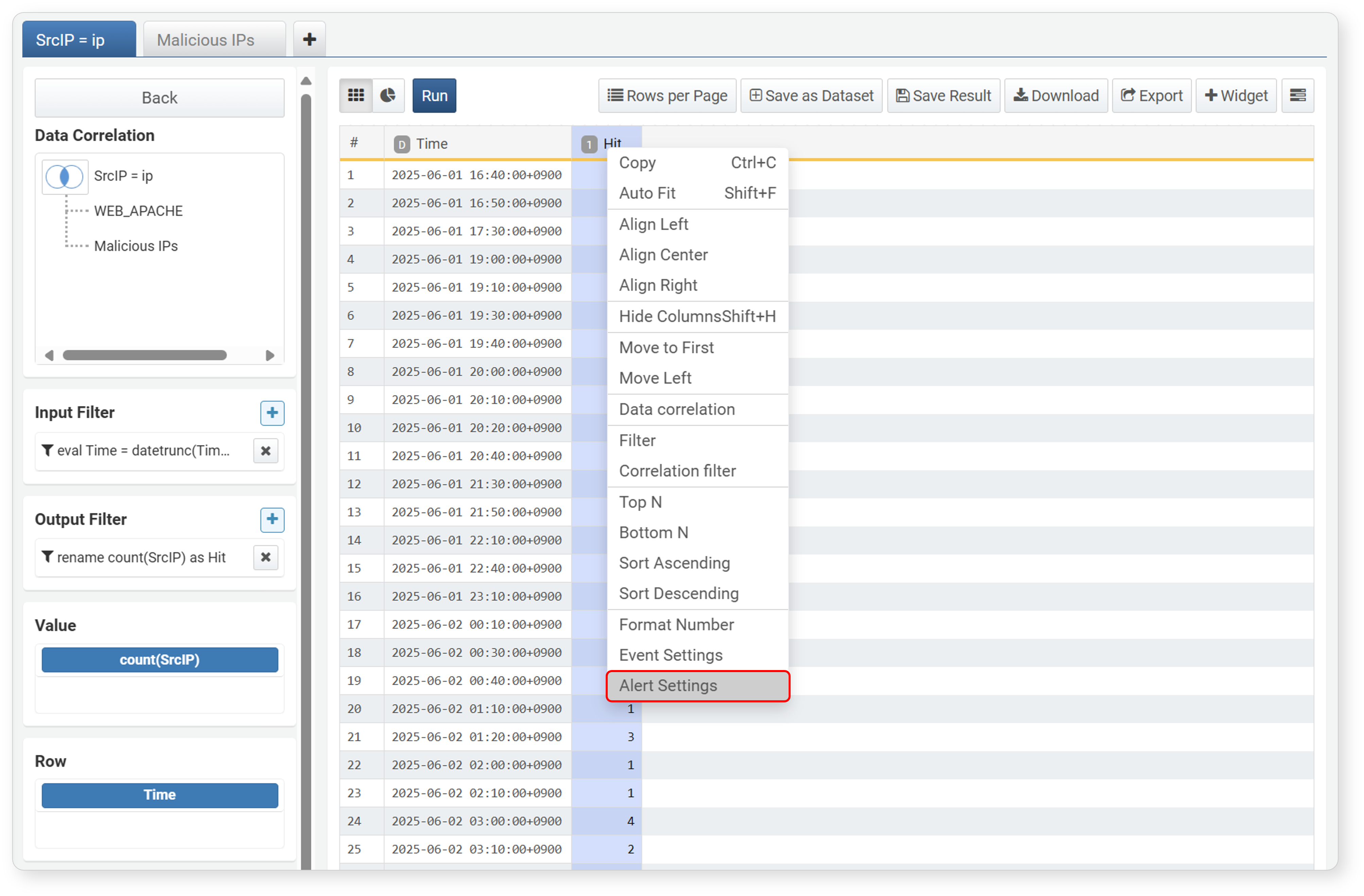 Start setting alert in grid widget