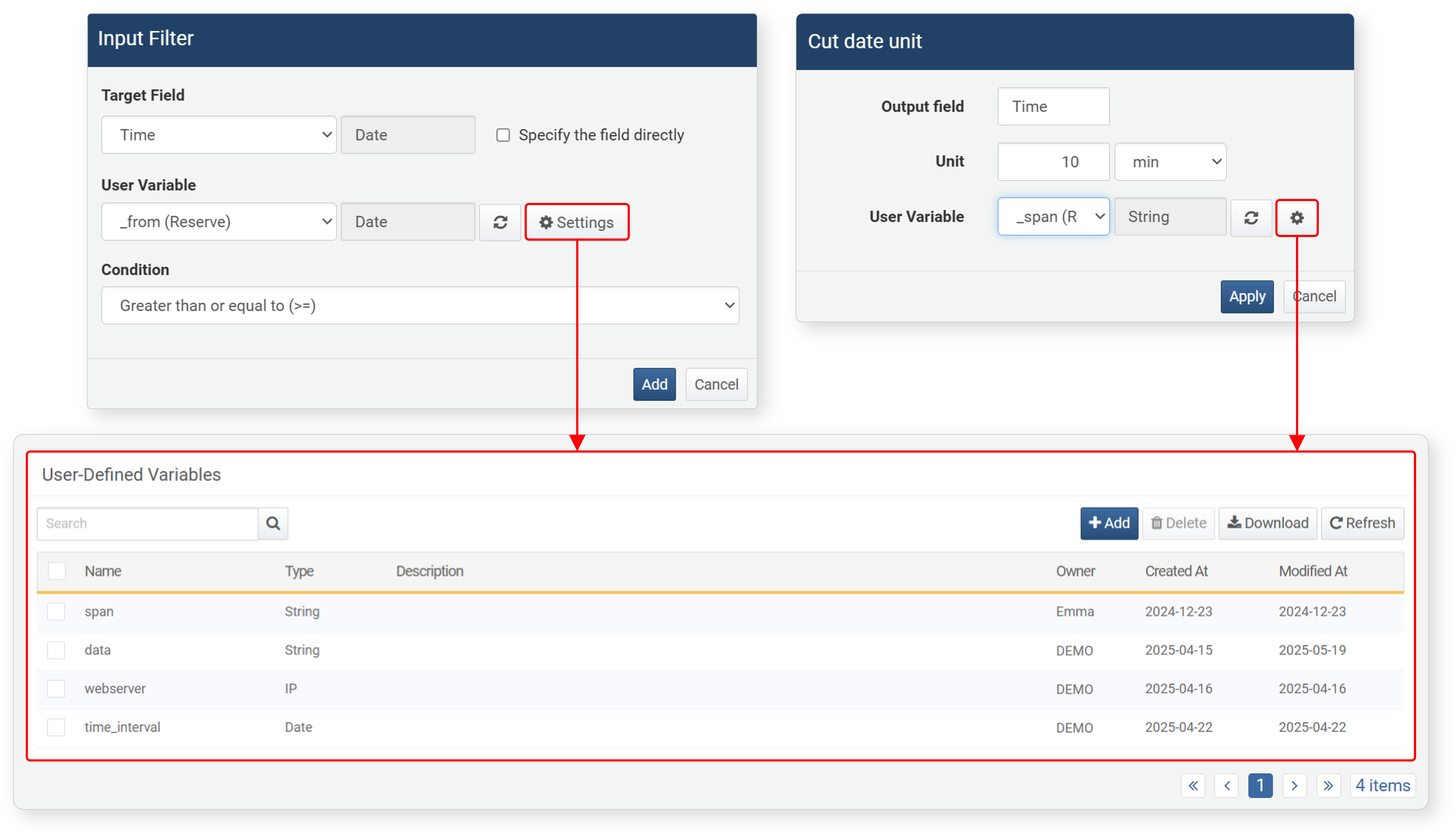 Viewing User-Defined Variable List in Filter/Formula Settings Dialog