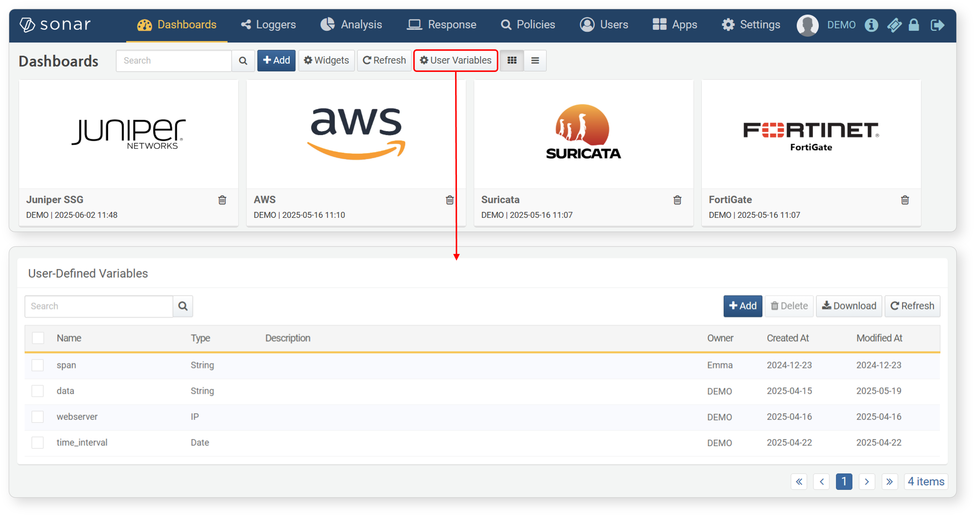 Viewing User-Defined Variable List from Dashboard Screen
