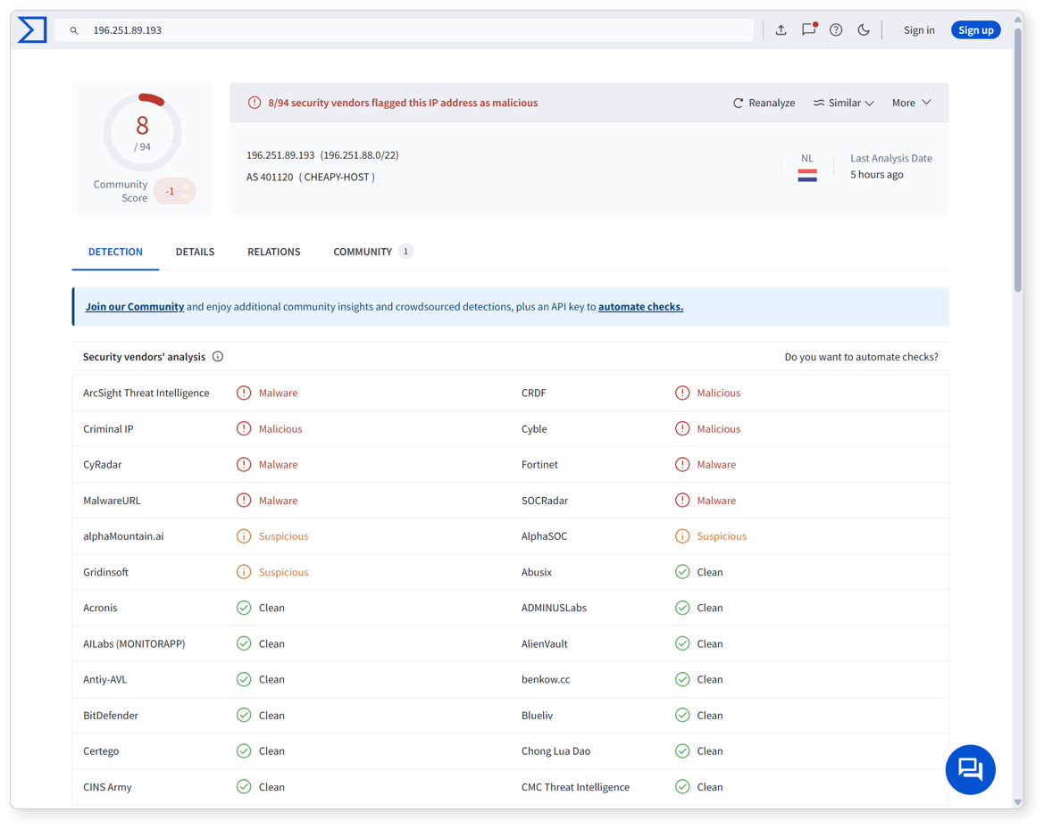 VirusTotal Lookup Result