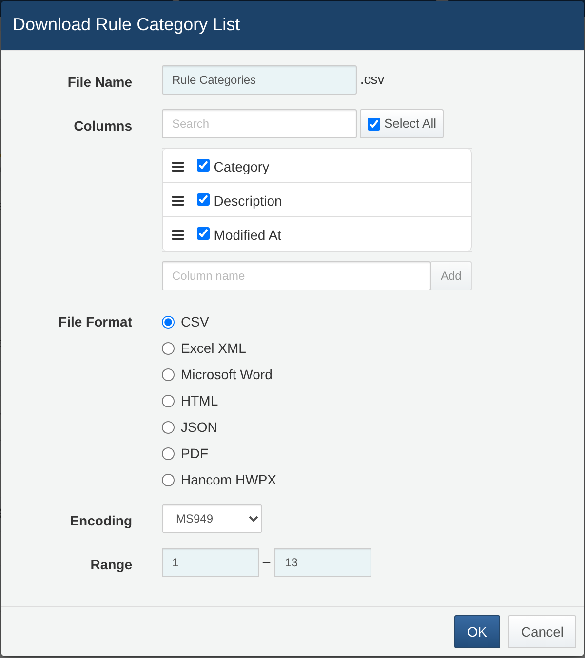 Download Rule Category List dialog box