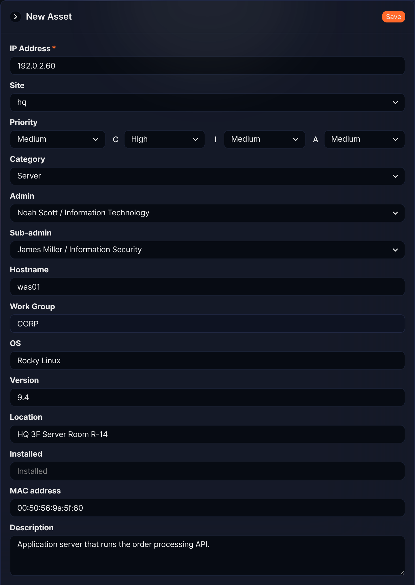 Asset input example