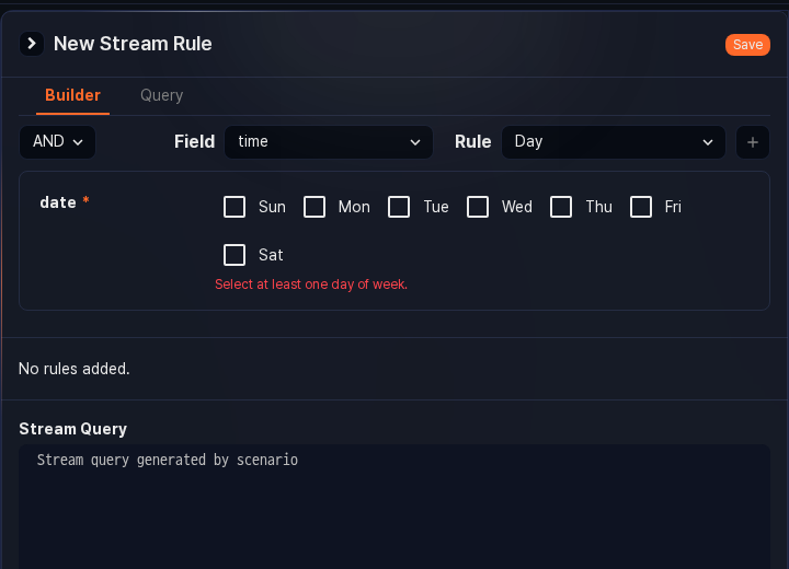 Stream rule scenario builder