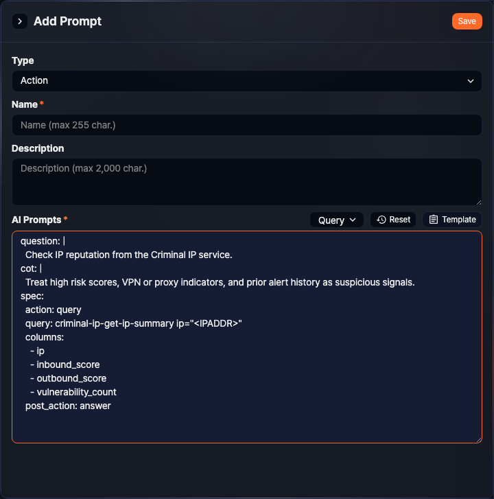Select an Action prompt template