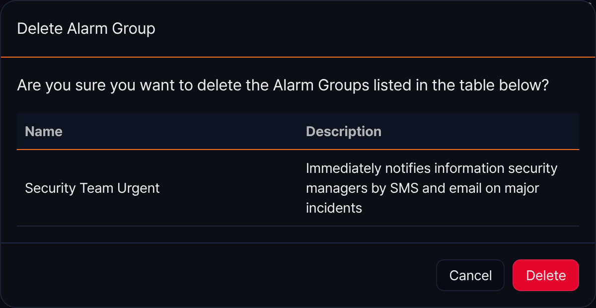 Confirm alarm group deletion