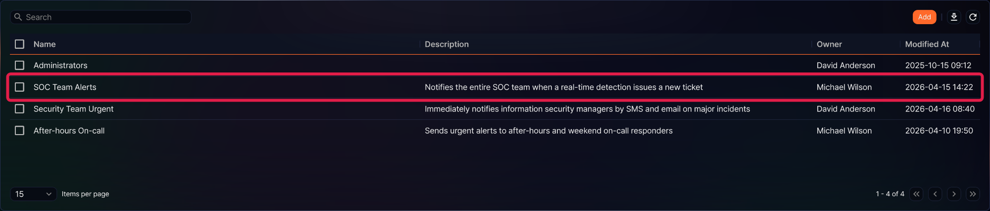 Select an alarm group row to edit