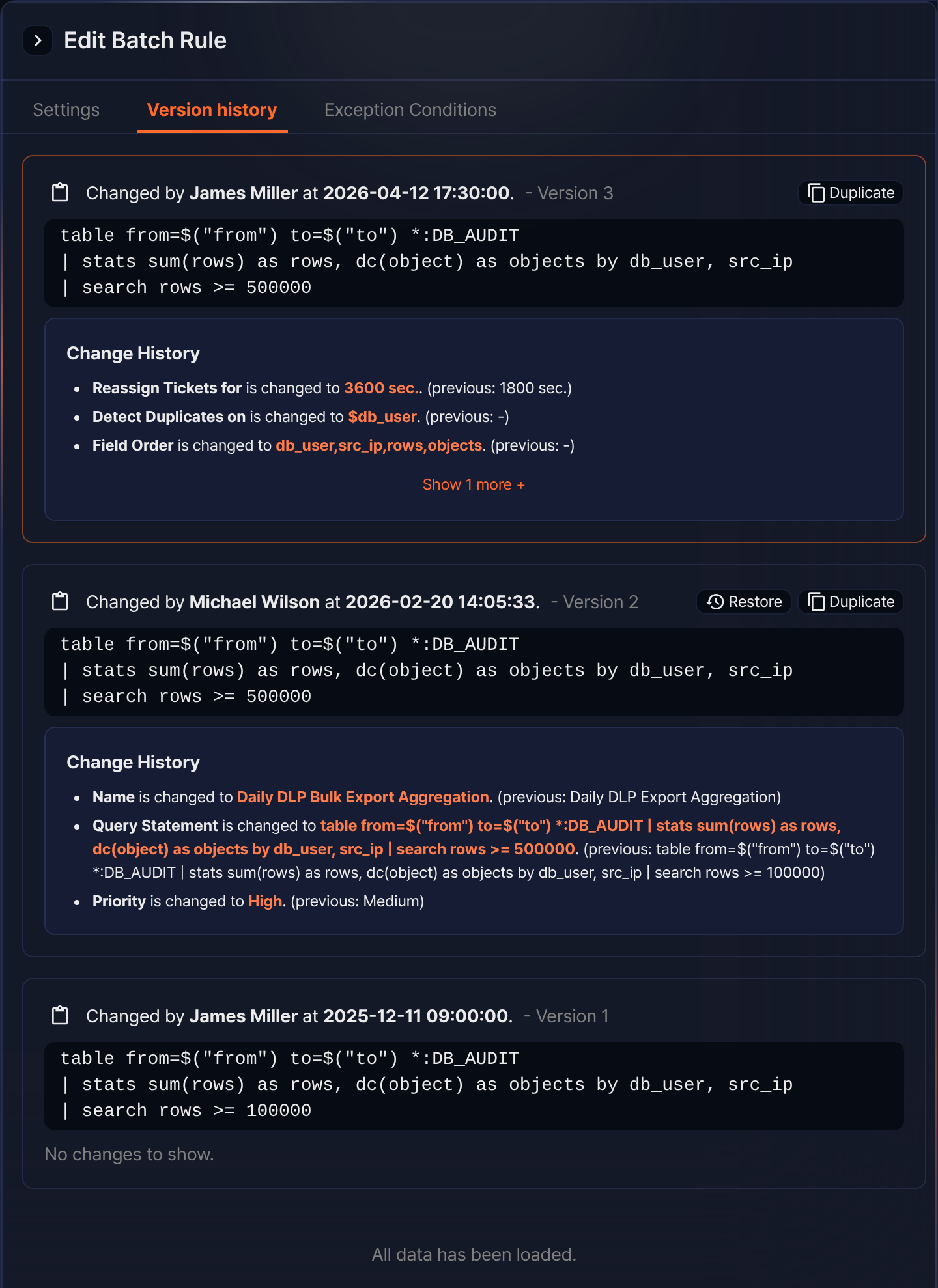 Version history screen of a batch rule