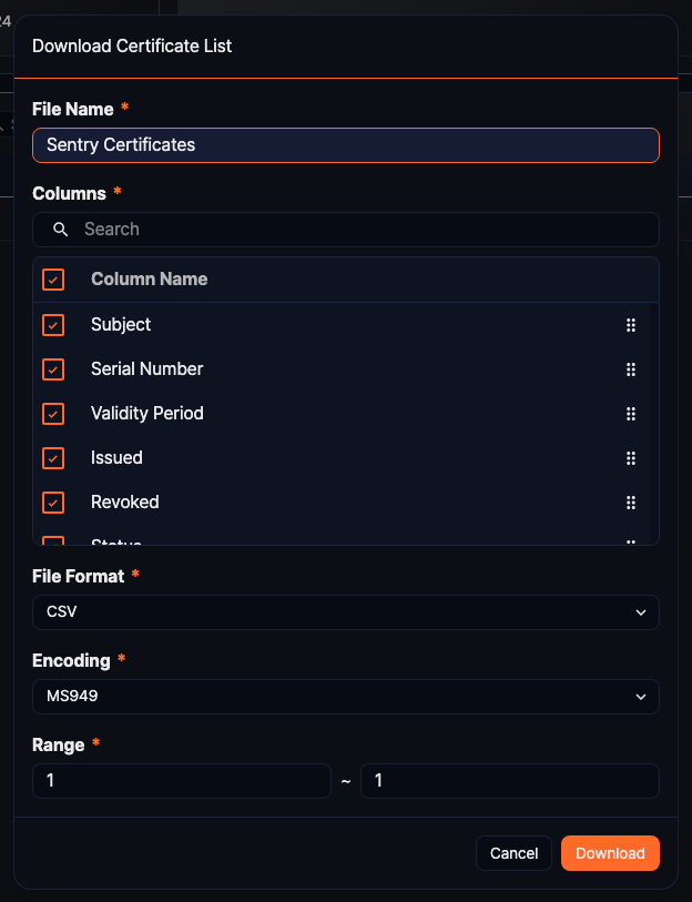 Download Sentry Certificate List Dialog