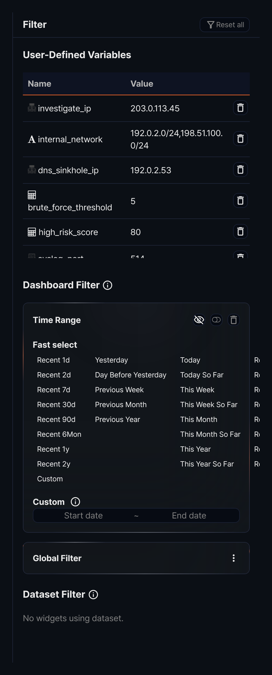Dashboard filter panel