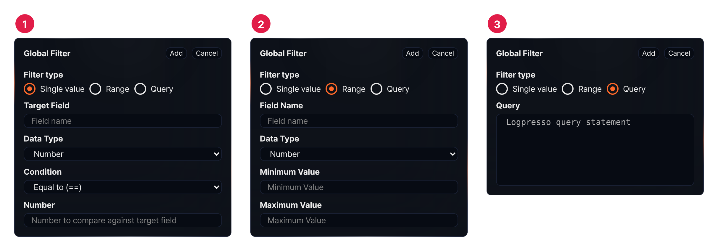 Input fields by filter type — ① Single value ② Range ③ Query