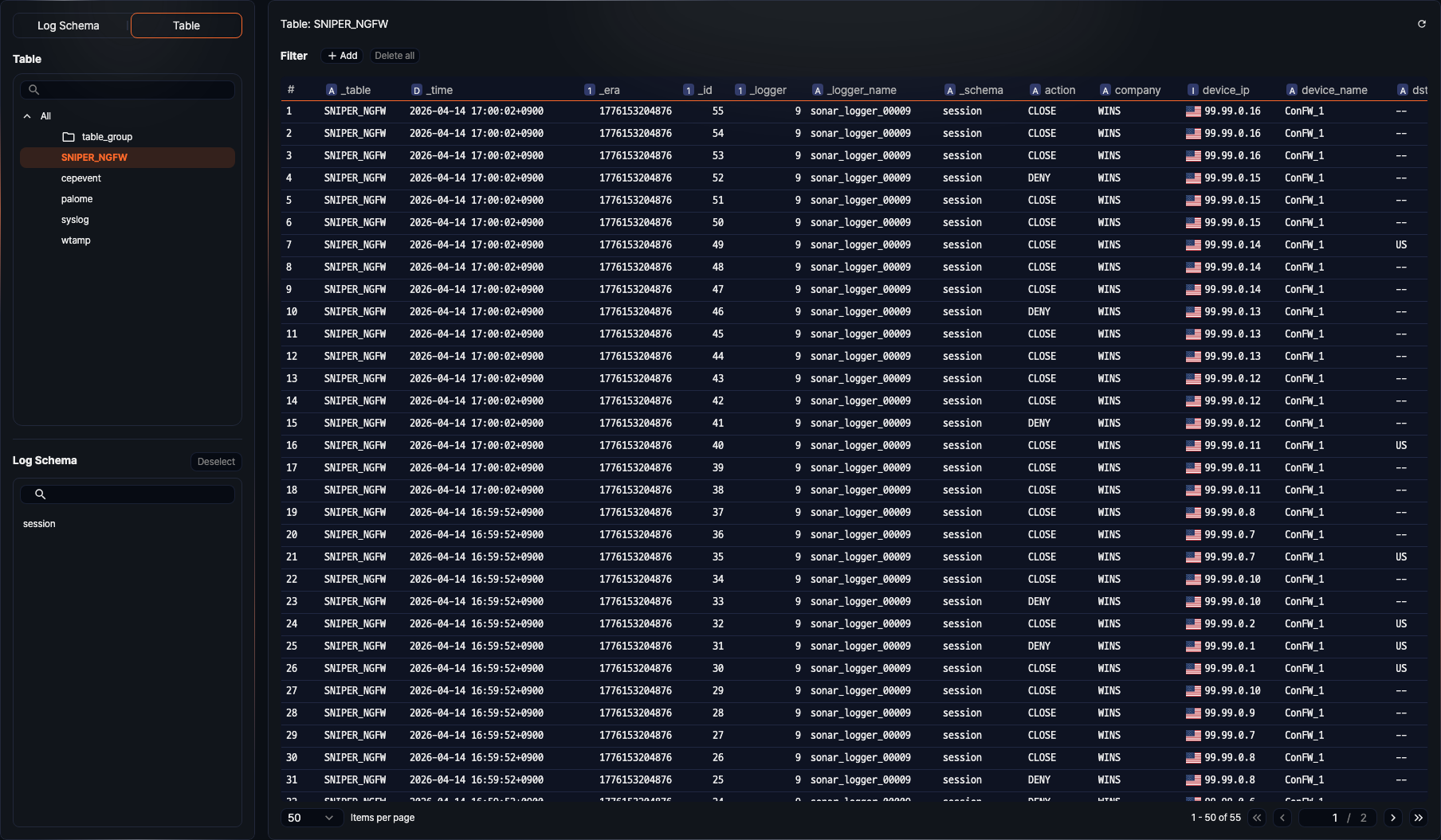 Browse log schemas by table
