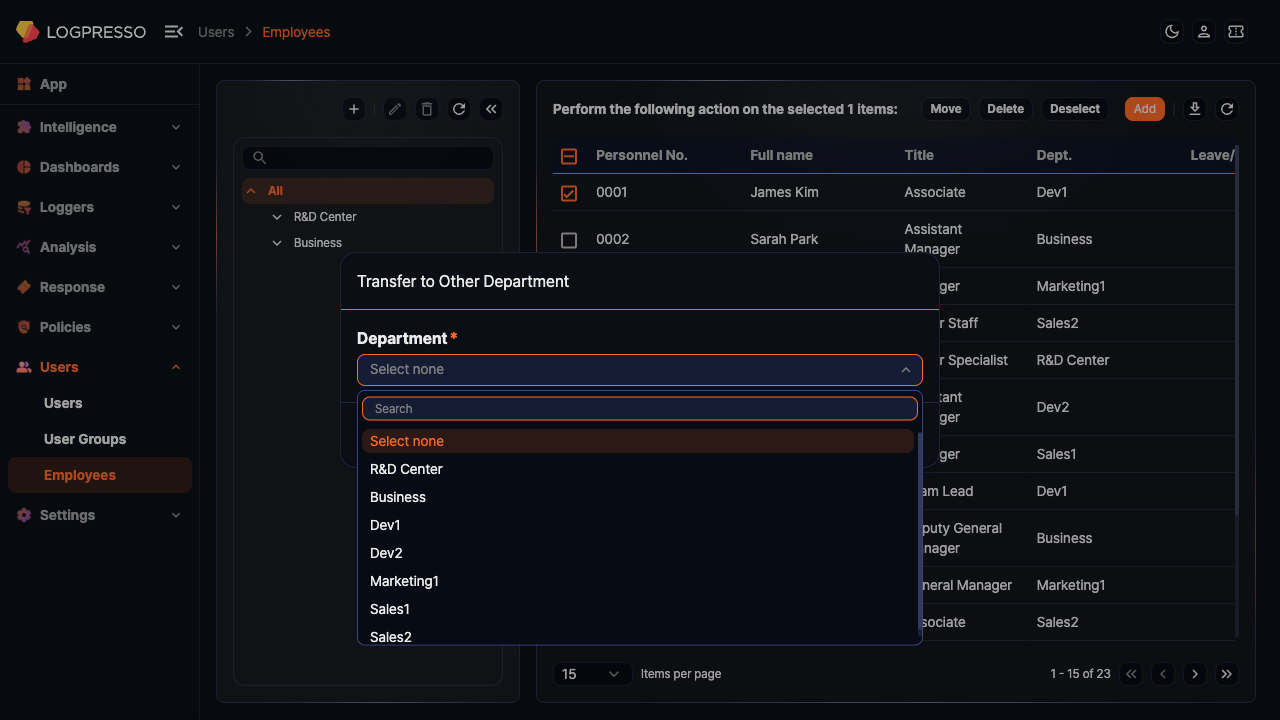Transfer Department Dialog