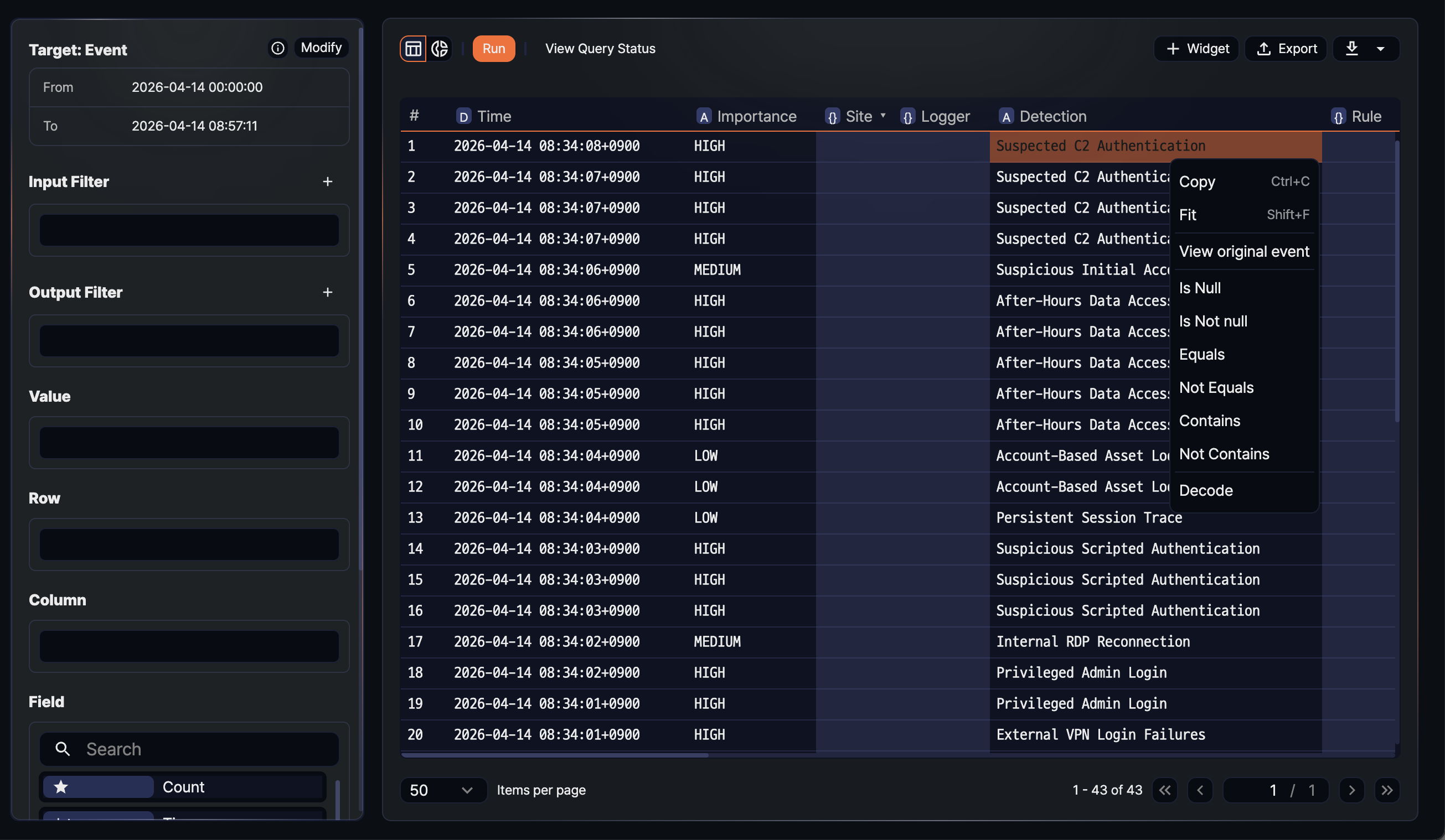 Context menu for raw event lookup