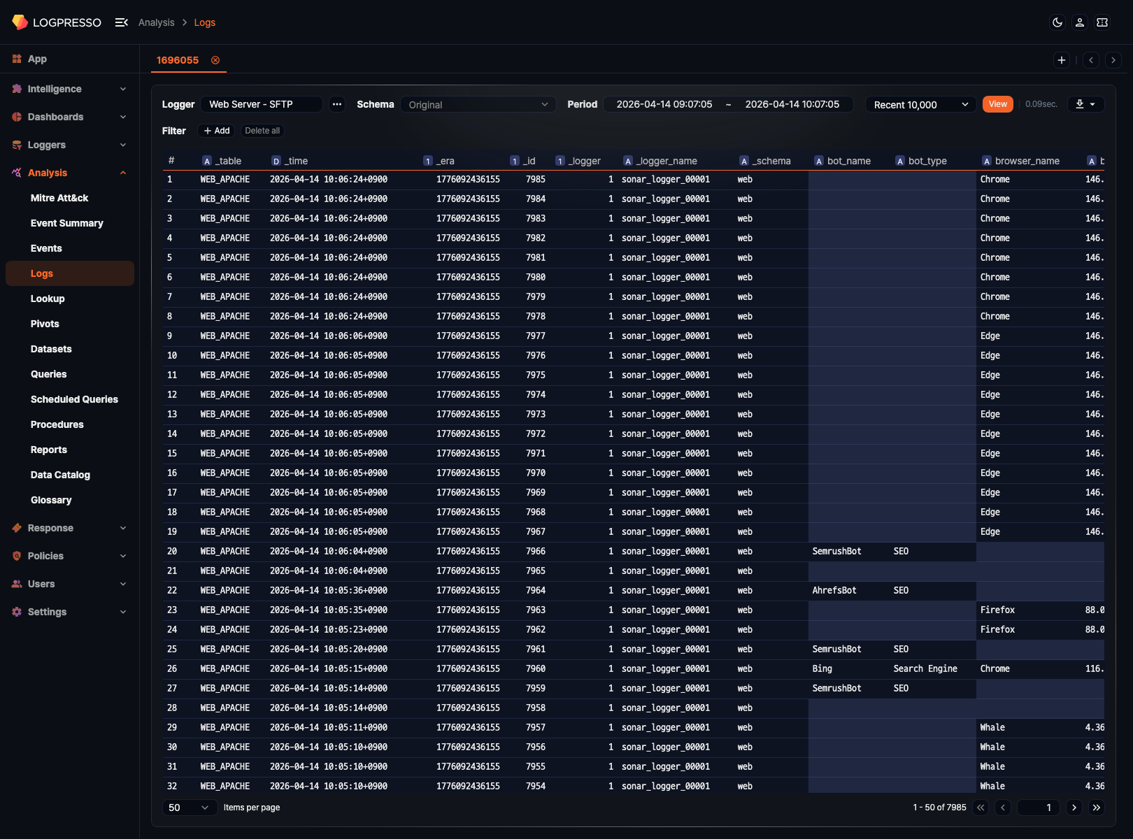 Raw log query result