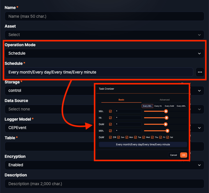 Top input fields - collection schedule