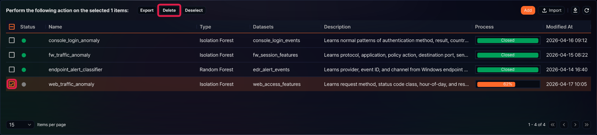 Selecting the ML model to delete