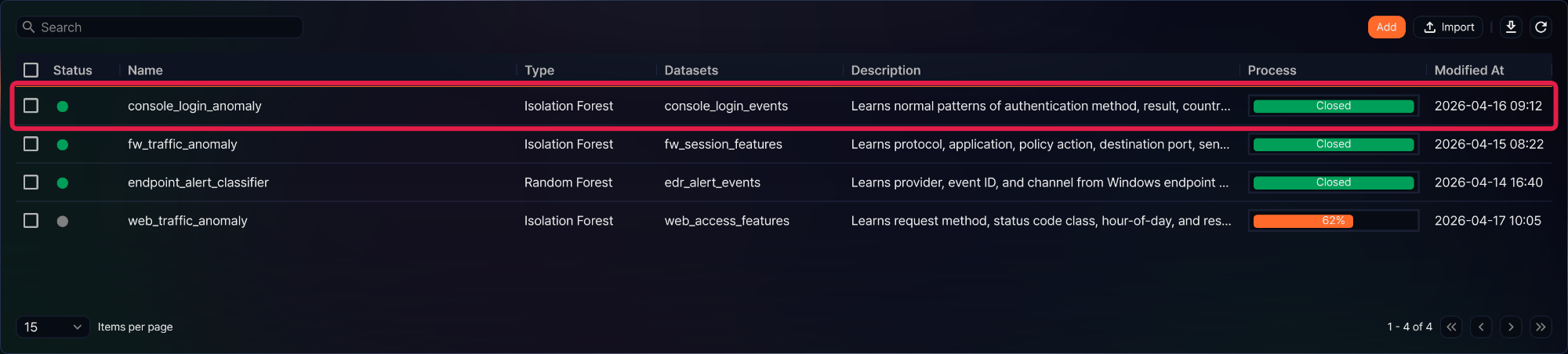 Selecting the ML model row to edit