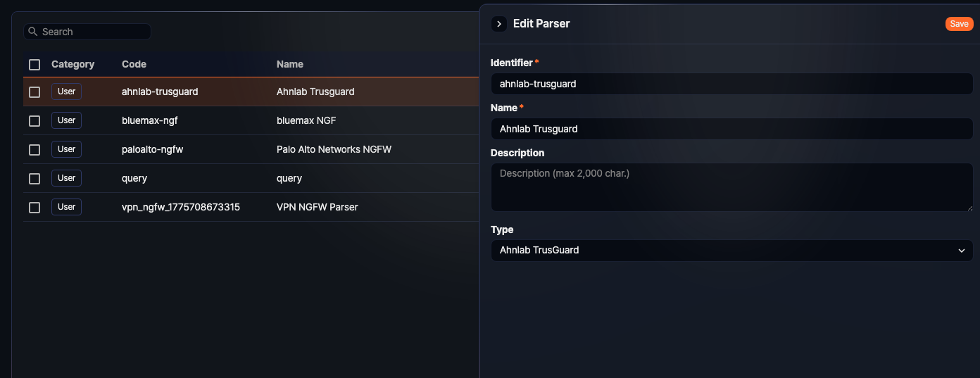 Select parser to edit - click row in list
