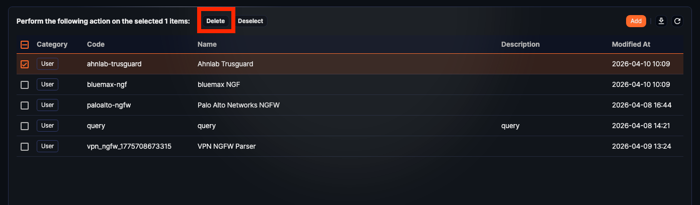 Parser deletion button