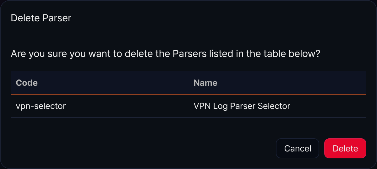 Delete parser dialog box