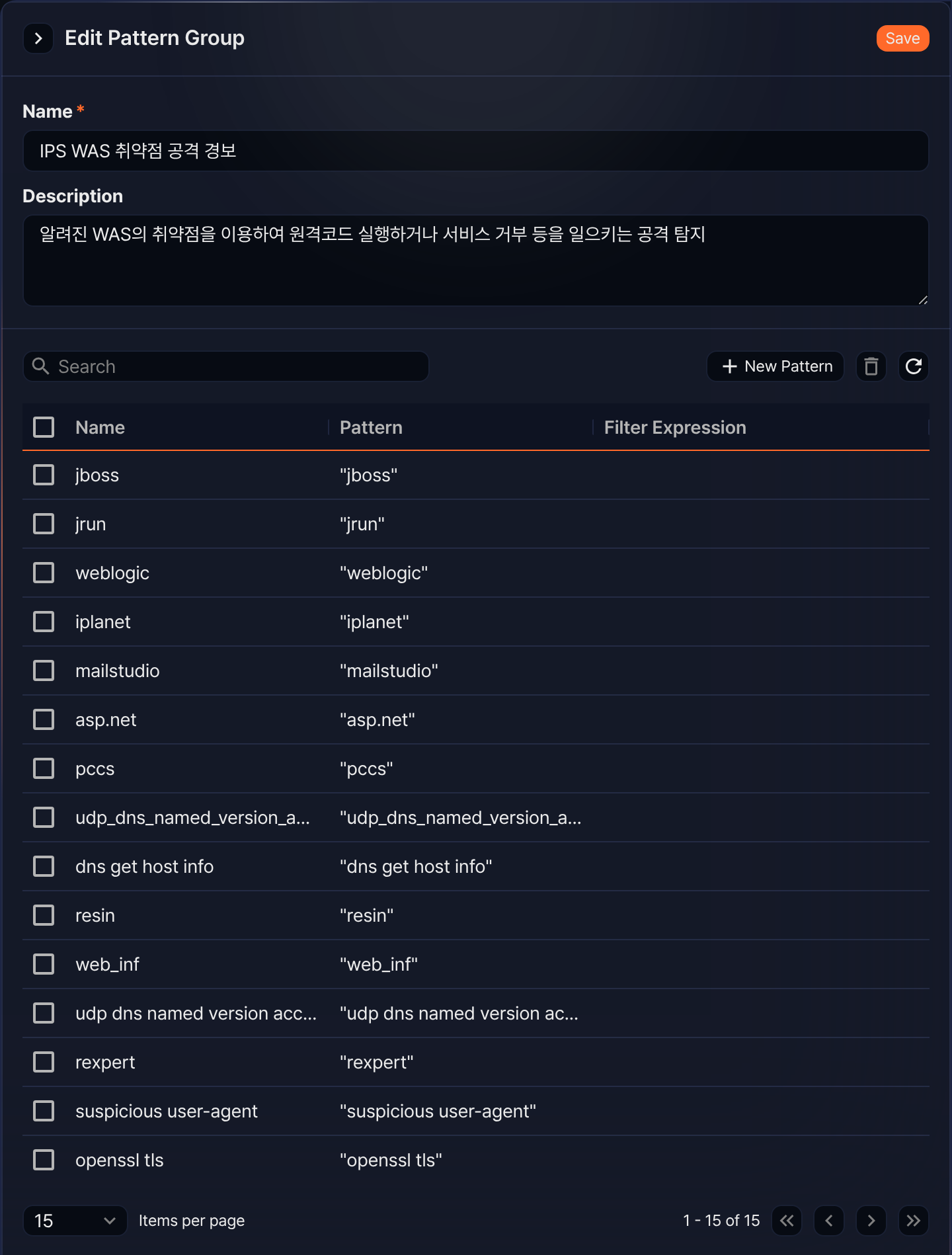 Edit a pattern group and its pattern list