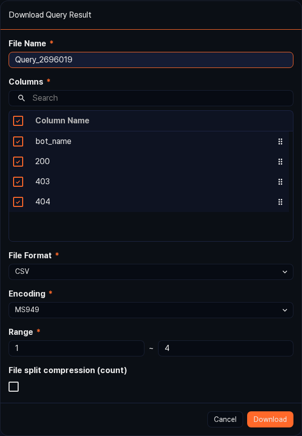 Download query result dialog