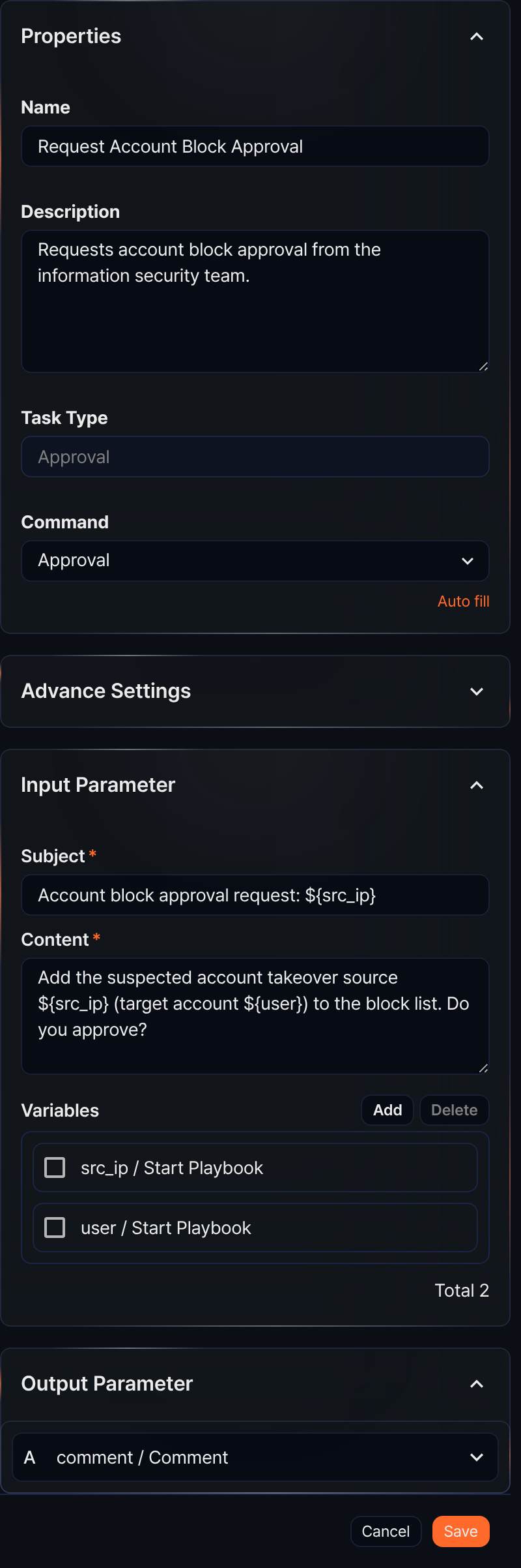 Properties panel - Approval request task
