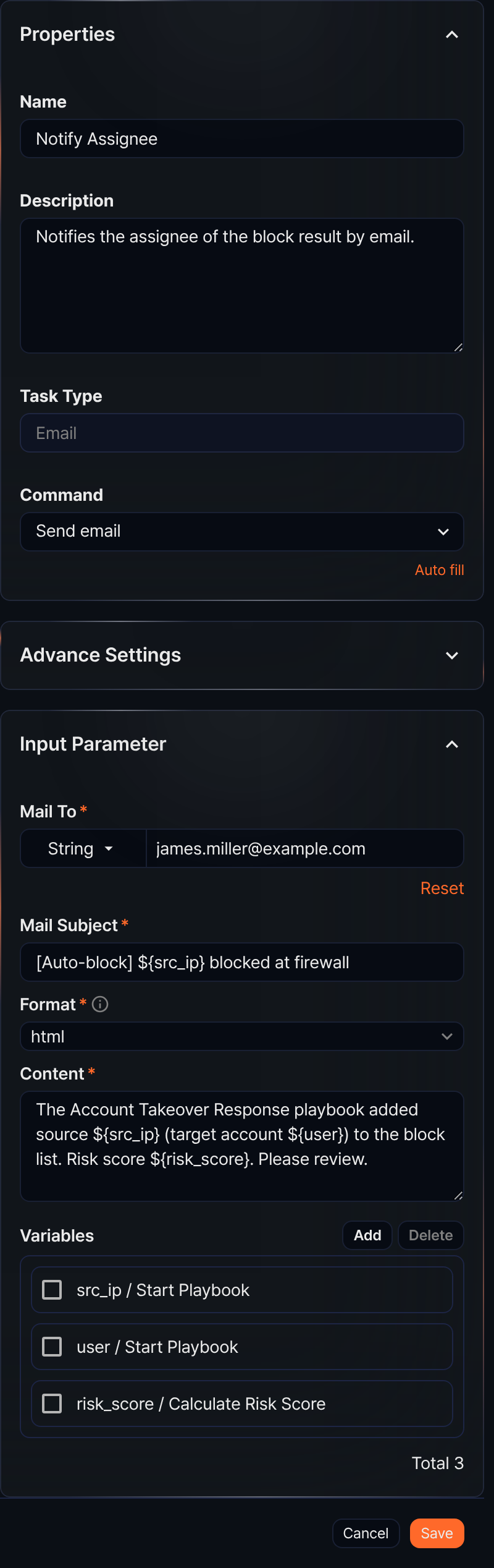Properties panel - Send email task