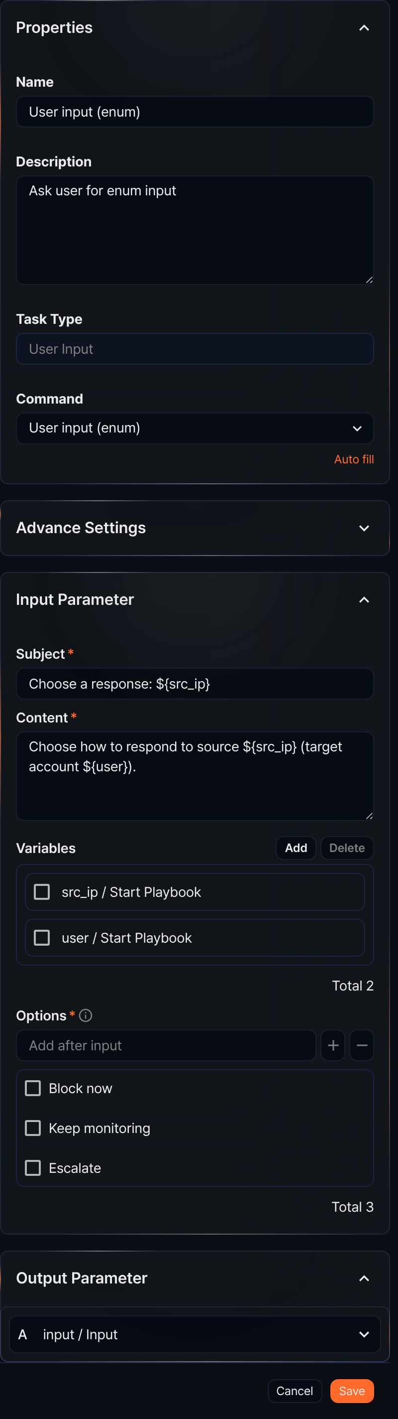 Properties panel - User input (enum) task