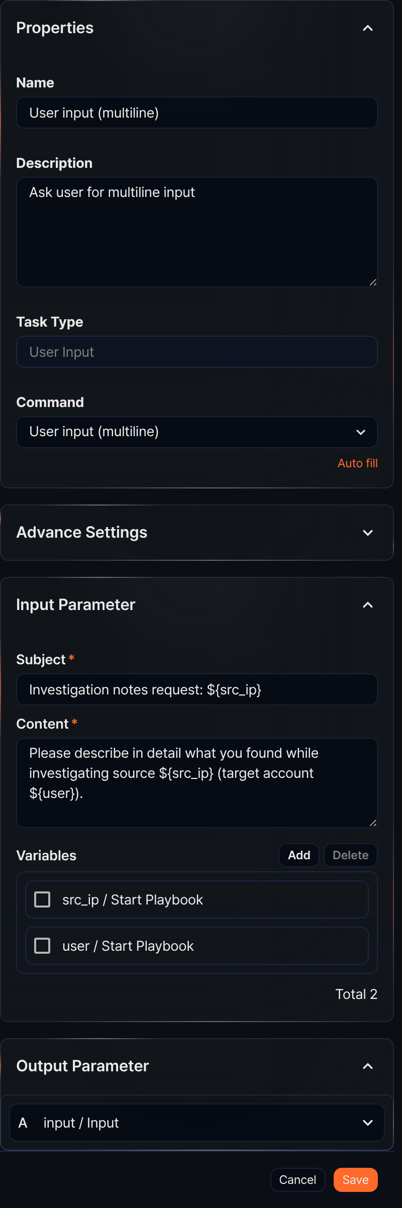 Properties panel - User input (multiline) task