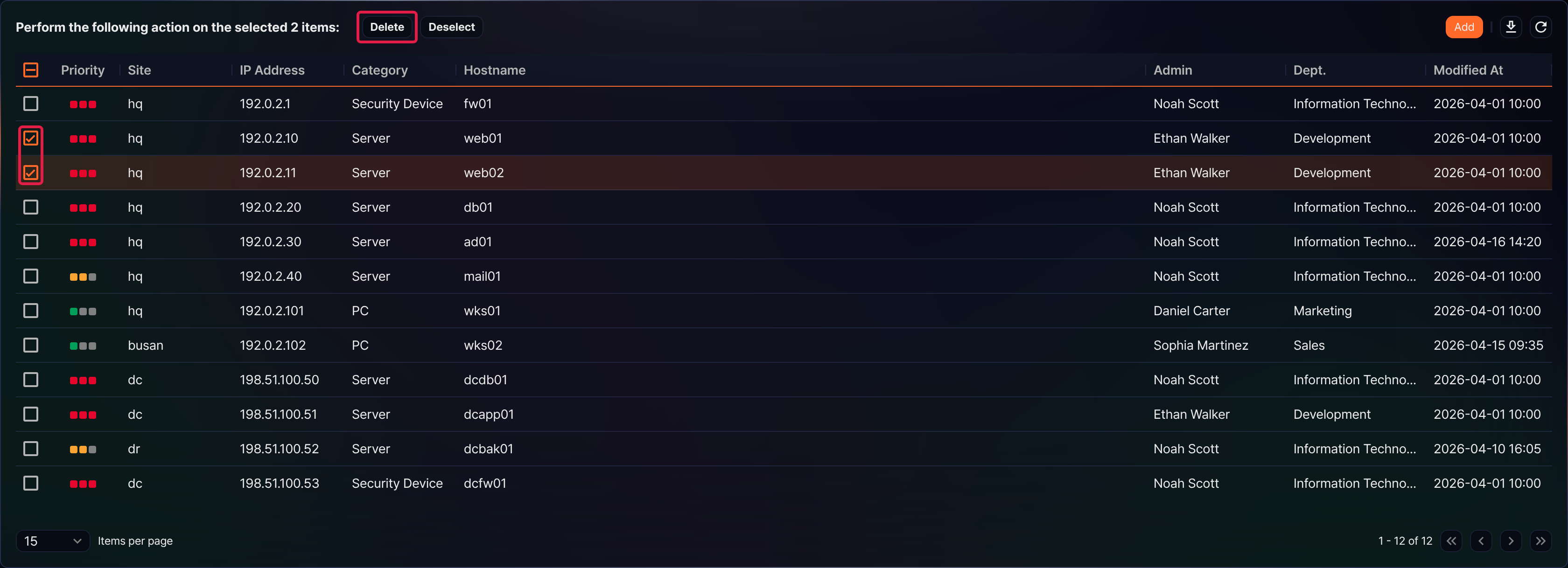 Select assets to delete