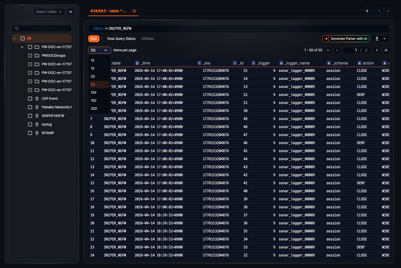 Change rows per page