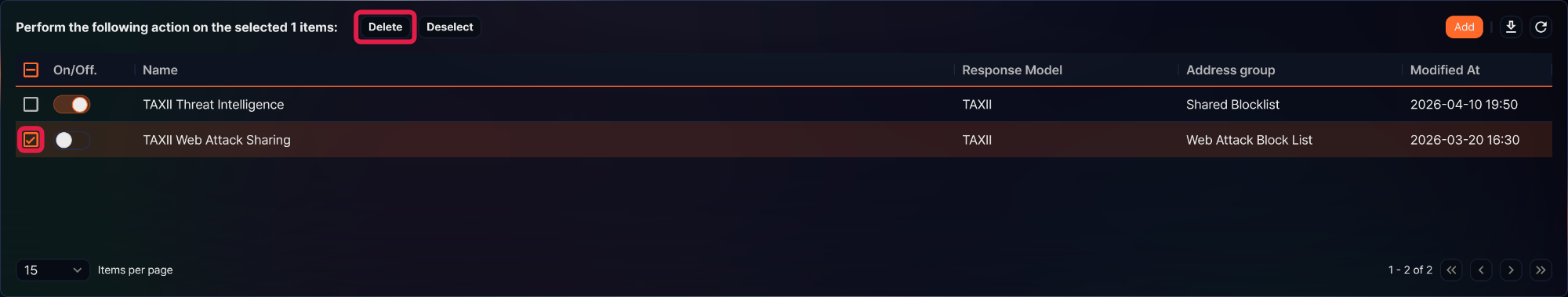 Selecting a response target and the Delete button