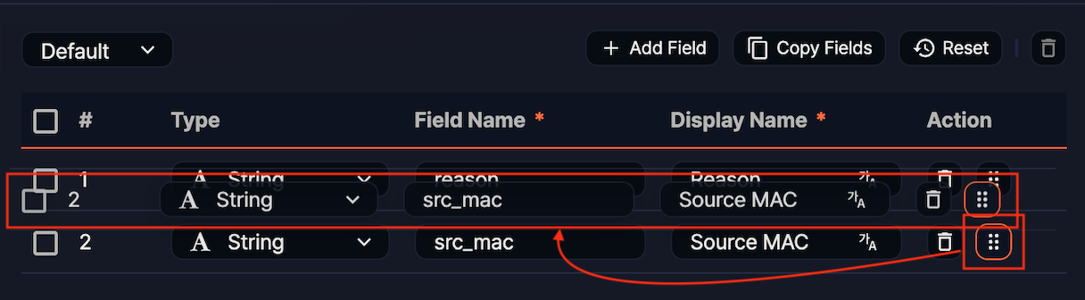 Log schema - drag & drop reason field after src_mac field