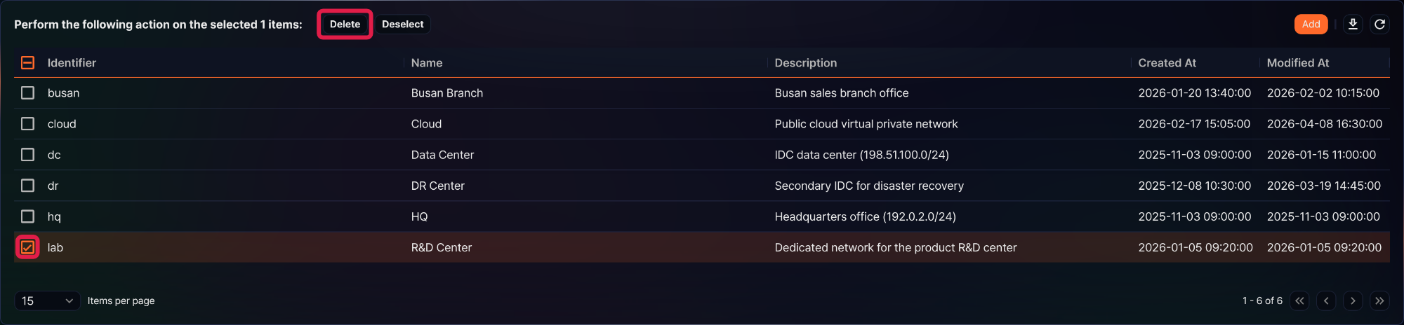 Selecting the site to delete