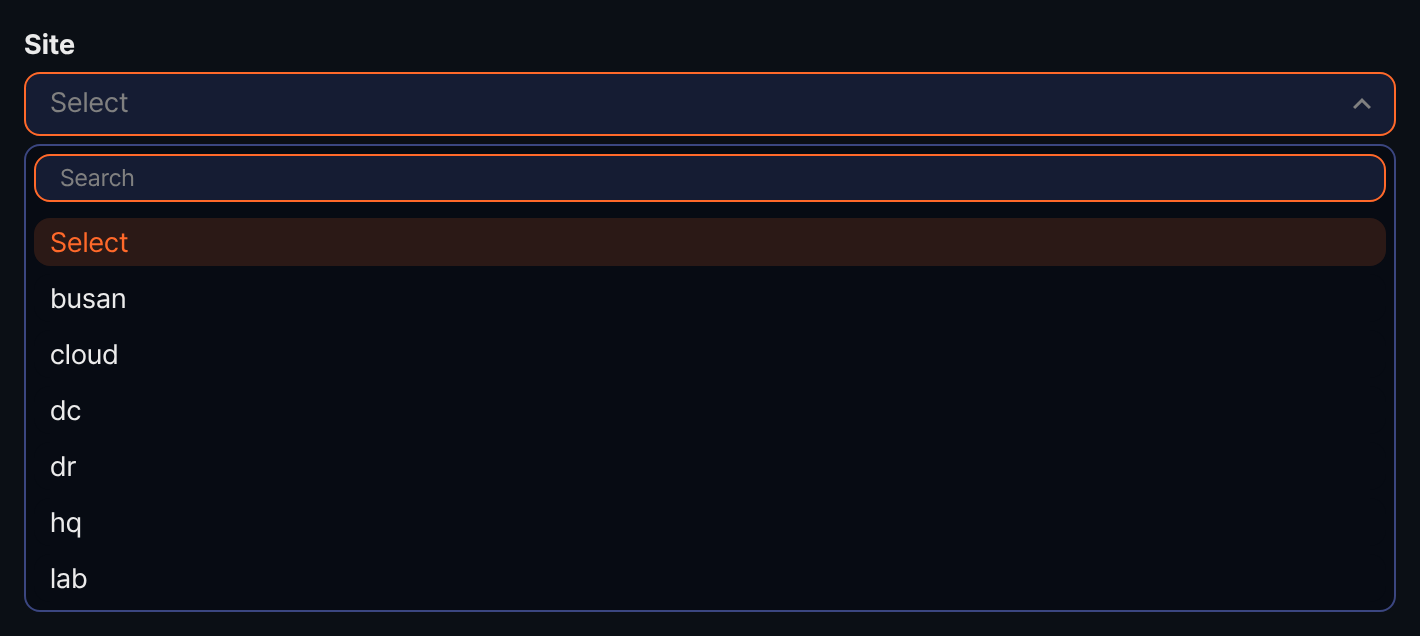 Site selection list on the asset panel